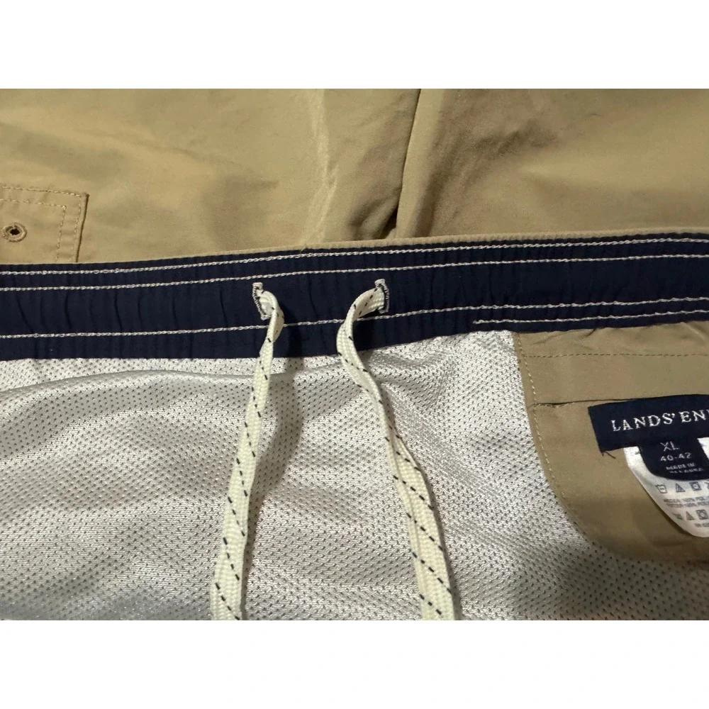 Lands' End‎ Mens XL 40-42 Khaki Swim Trunks Shorts Elastic Waist Mesh Lined